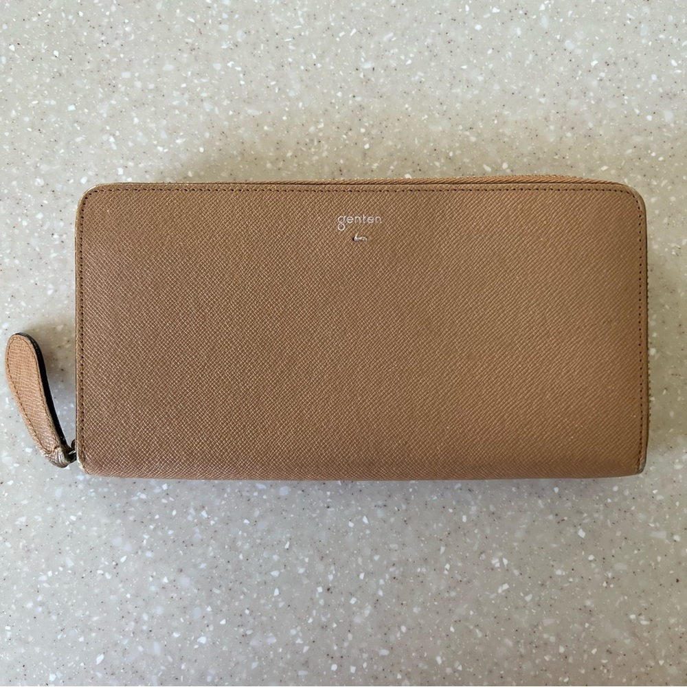Genten Long Zippered Leather Tan Blue Wallet